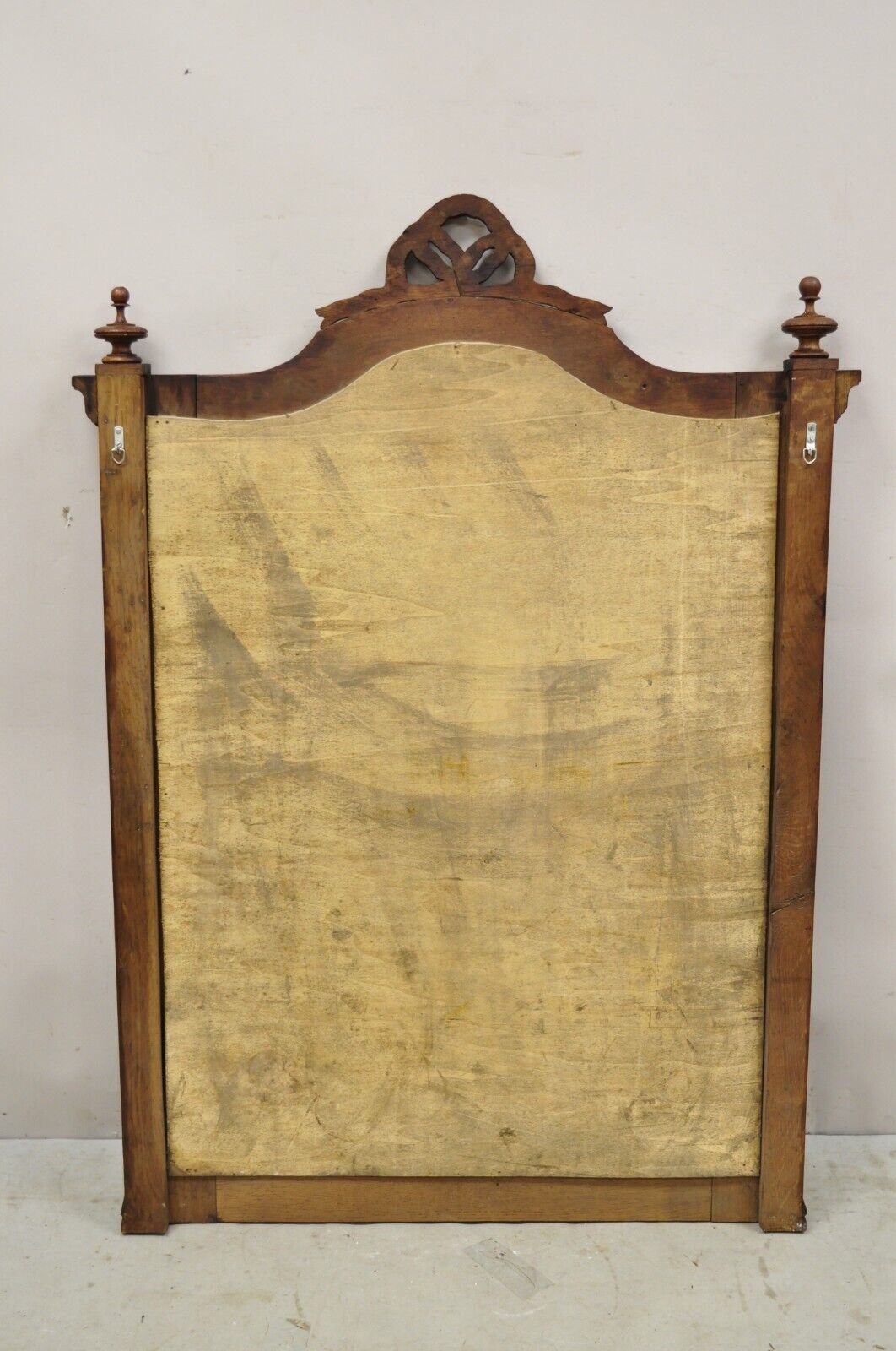 Antique Victorian Carved Oak Wood Ribbon Crest Beveled Glass Wall Mirror