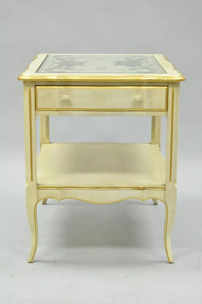 Vintage French Country Provincial Style Floral Painted Cream 1 Drawer End Table