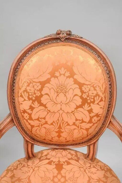 French Louis XVI Style Pink Distress Painted Oval Back Dining Arm Chairs - Pair