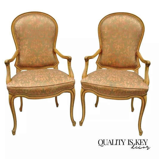 Italian Provincial French Hollywood Regency Upholstered Dining Arm Chairs - Pair