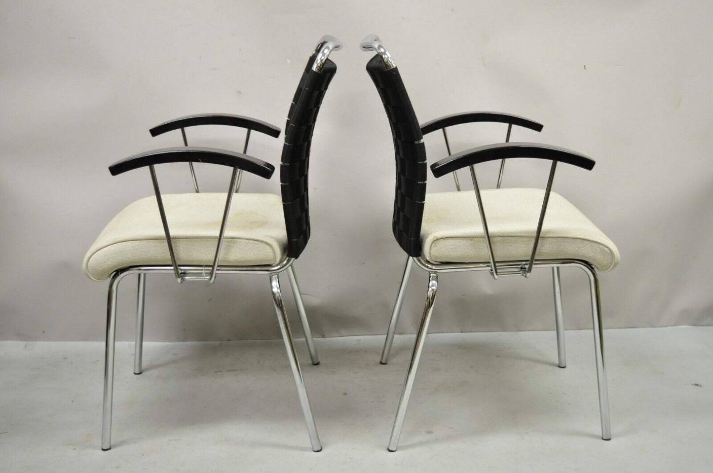 Vintage Mid Century Modern Italian Woven Back Chrome Frame Arm Chairs - a Pair