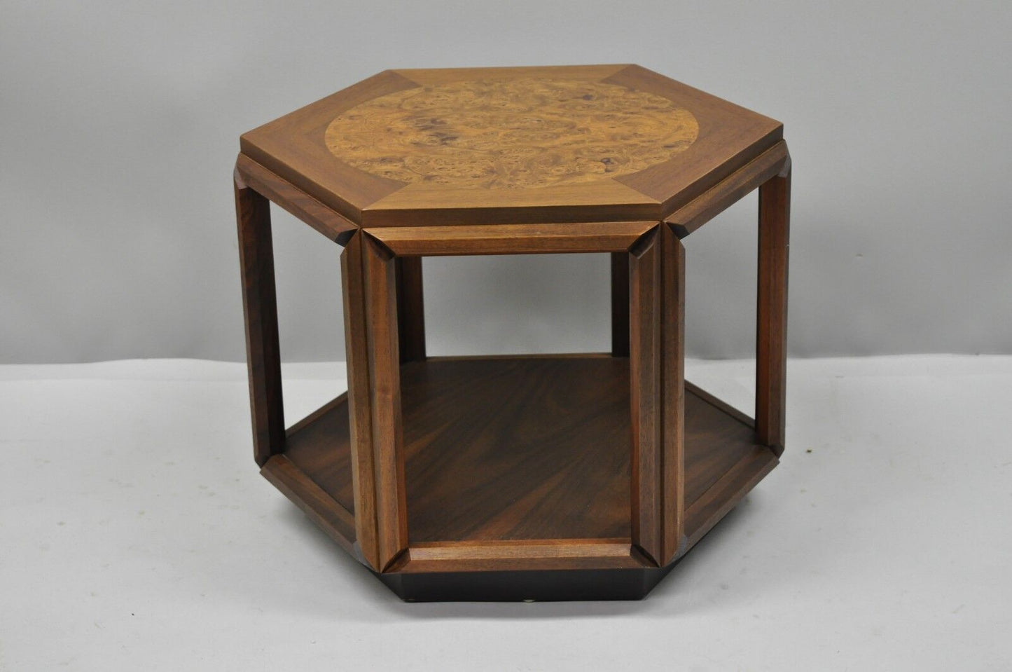 John Keal Brown Saltman Burl Wood Hexagon Mid Century Modern Side Table Set of 3