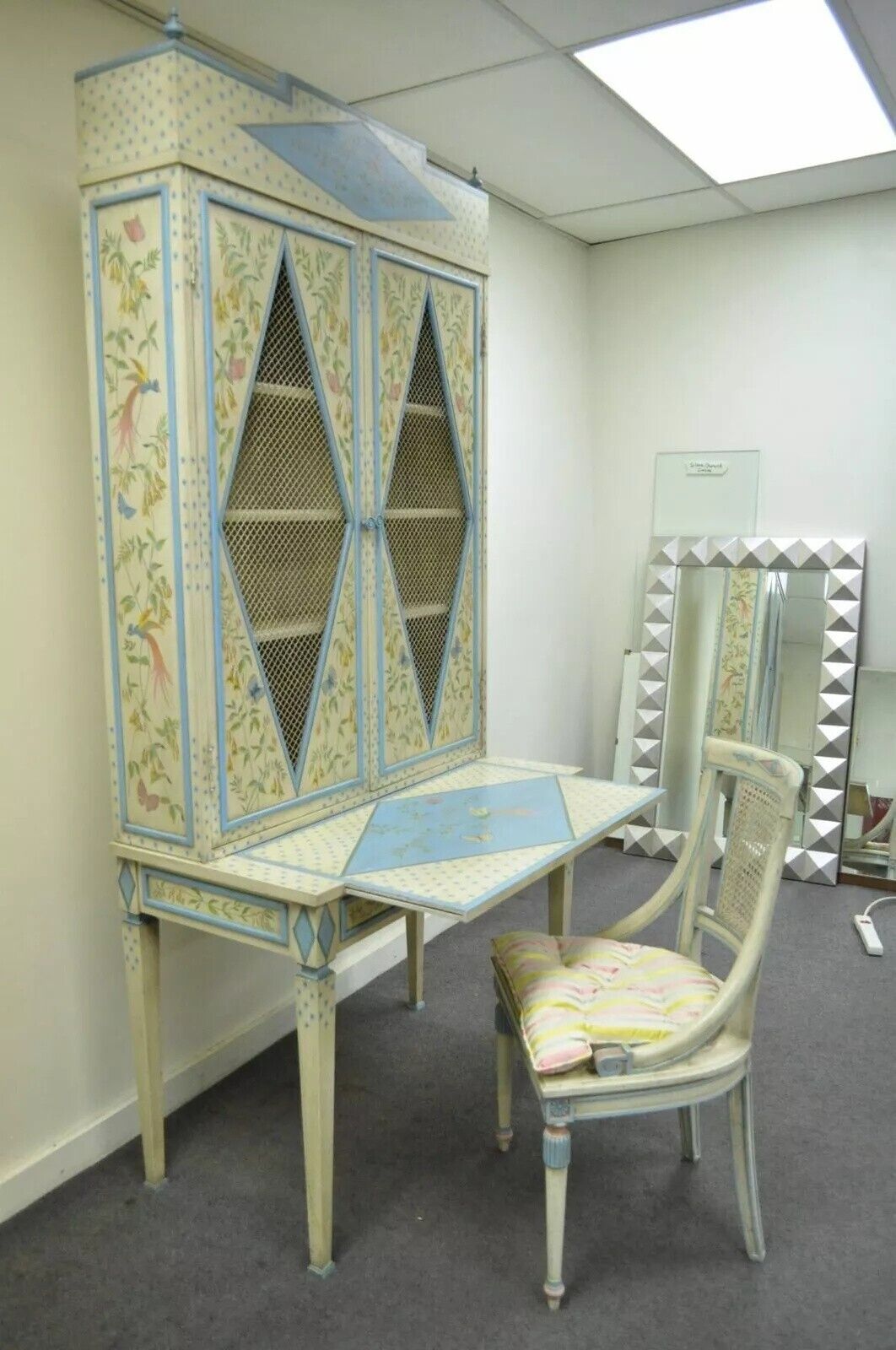 Vintage Chinoiserie Butterfly & Bird Custom Painted Tall Secretary Desk & Chair