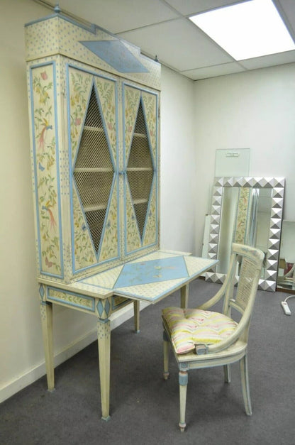 Vintage Chinoiserie Butterfly & Bird Custom Painted Tall Secretary Desk & Chair