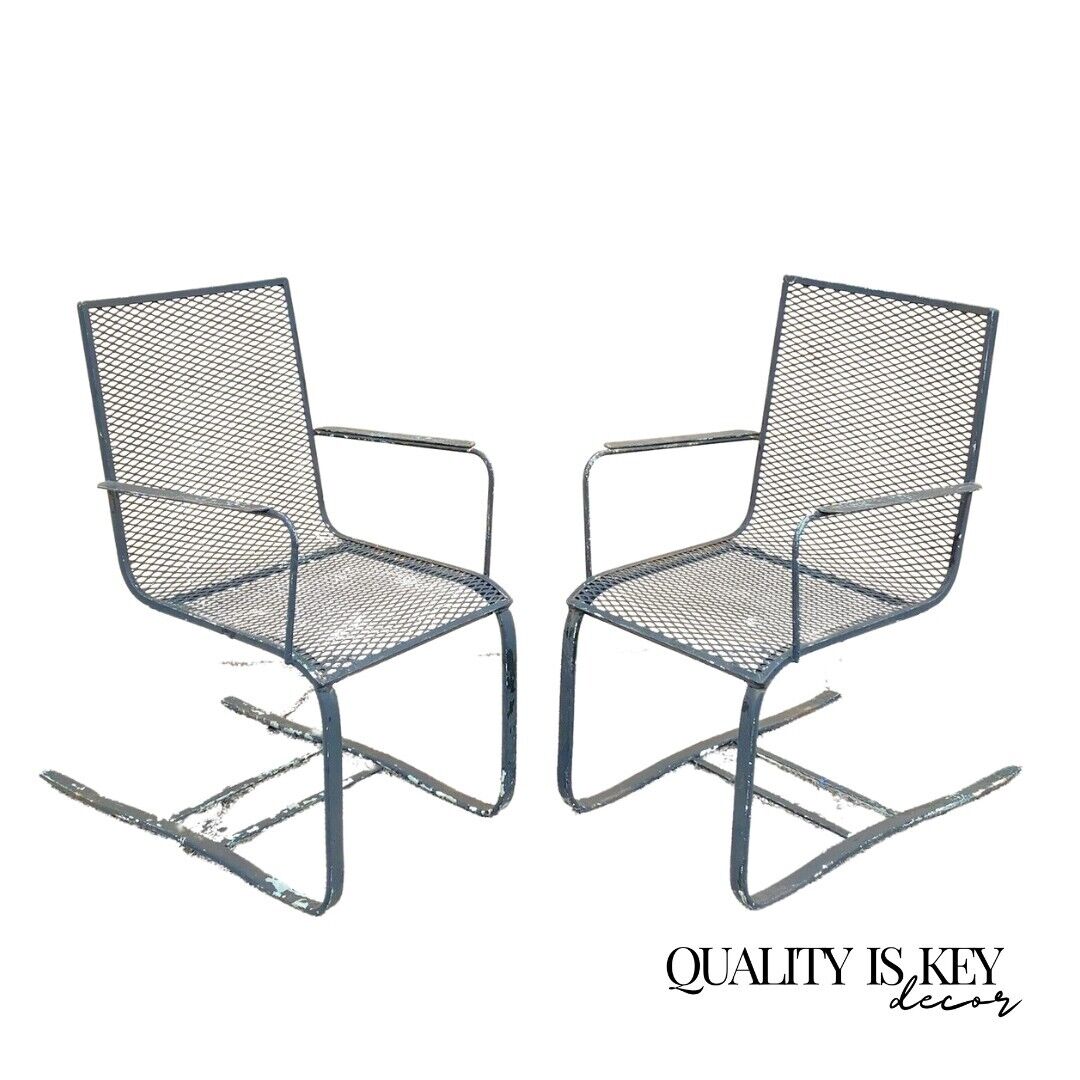 Industrial Modern Wrought Iron Metal Mesh Cantilever Garden Patio Chair - a Pair