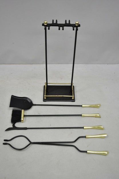 Vintage Modernist Mid Century Modern Brass & Iron Fireplace Mantel Tool Set