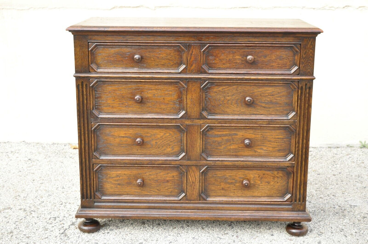 Antique Oak Jacobean Style Carved Wood Chest of Drawers Low Chest Dresser