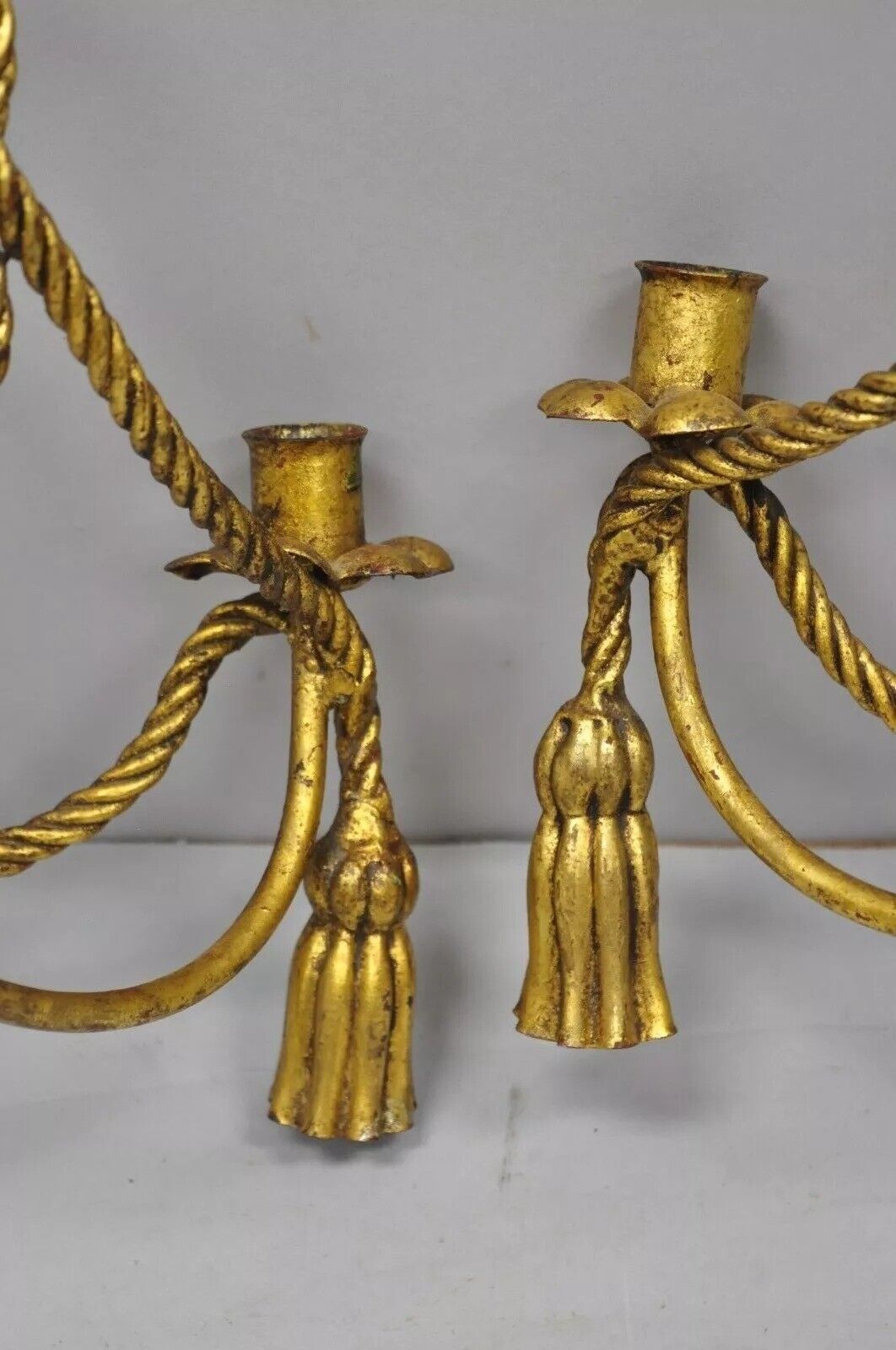 Italian Hollywood Regency Gold Gilt Rope Tassel Candle Holder Wall Sconce - Pair