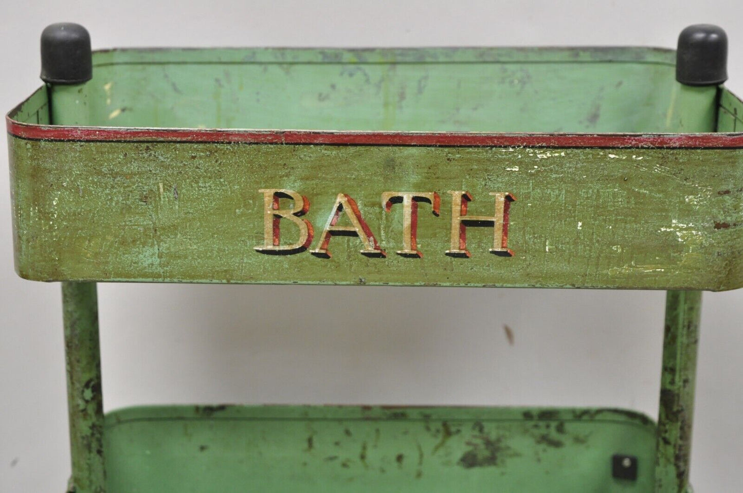 Antique "Bath House 2" Green Painted Metal 3 Tier Rolling Bathroom Trolley Cart