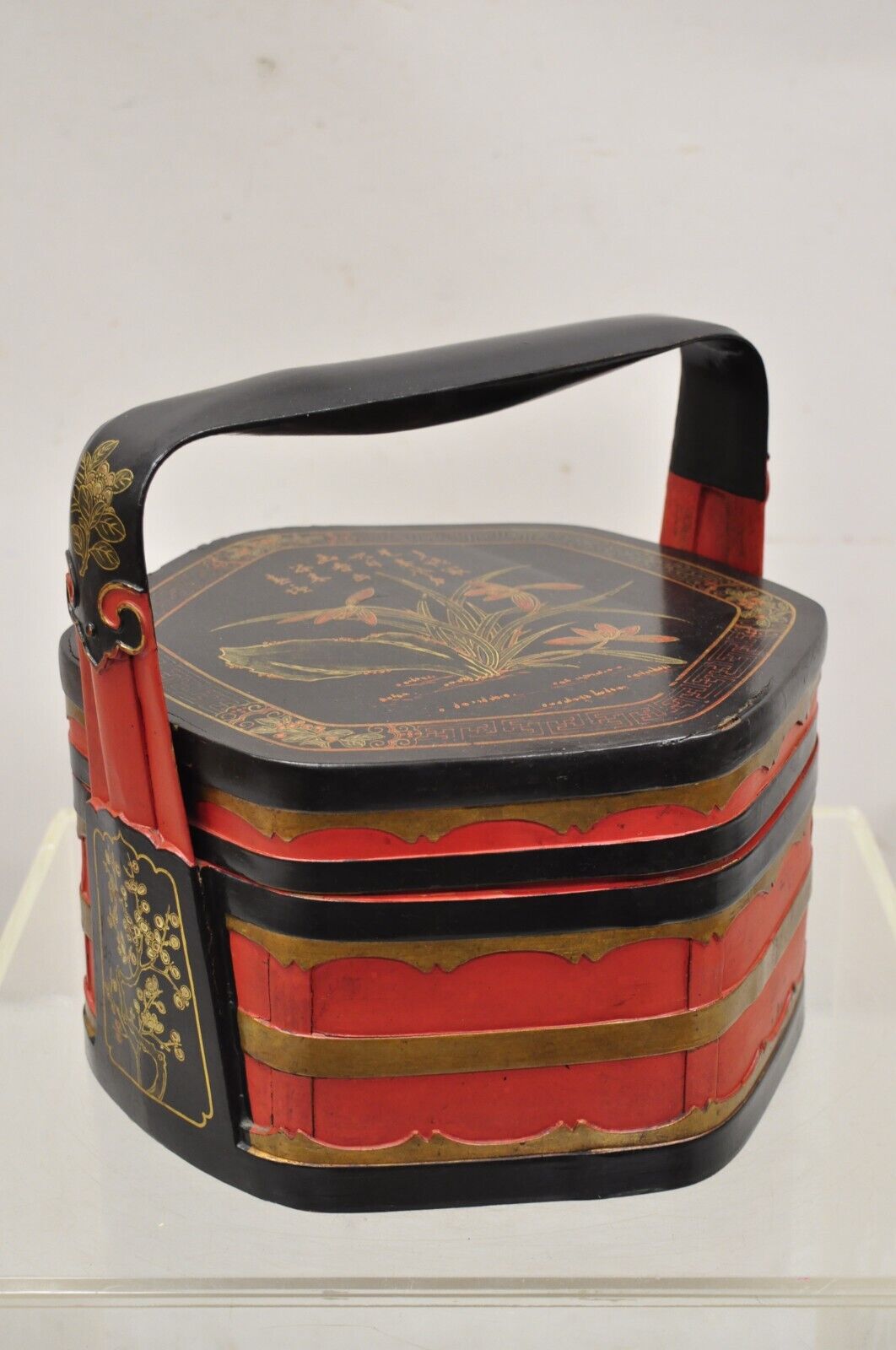 Vintage Chinese Black and Red Lacquer Floral Painted Lidded Wooden Basket Box