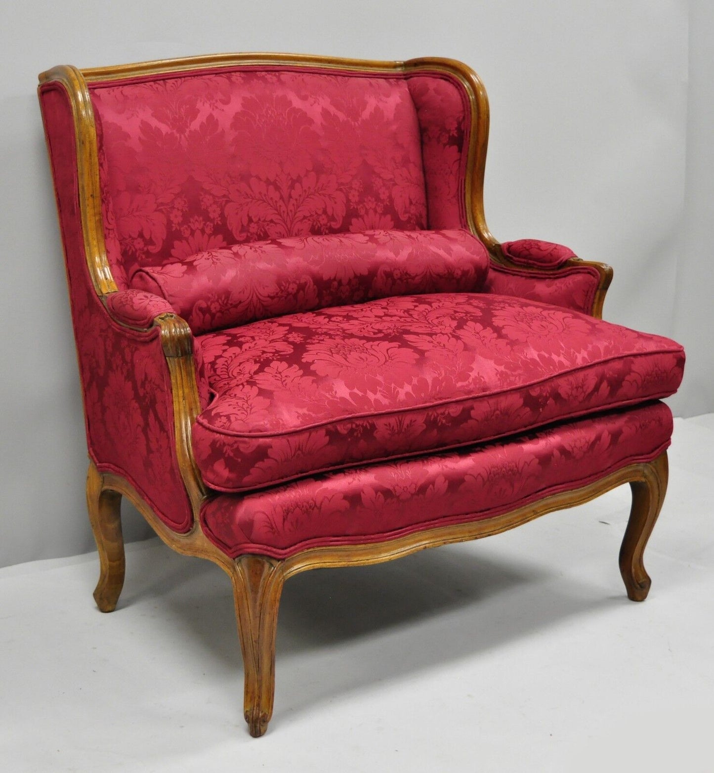 French Country Louis XV Style Mahogany Burgundy Wingback Settee Loveseat Sofa