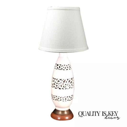 Vintage Mid Century Modern Glazed Pottery Ceramic White Fretwork Table Lamp