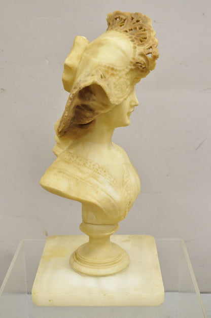 Antique Victorian Carved Italian Alabaster Woman Bust Statue att Adolfo Cipriani