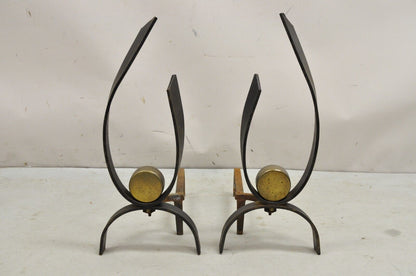 Vintage Donald Deskey Mid Century Modern Iron and Brass Ribbon Andiron - a Pair