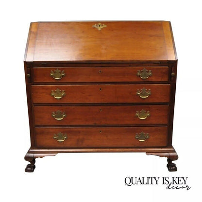 19th C. Chippendale Style Mahogany Slant Front Carved Ball & Claw Secretary Desk