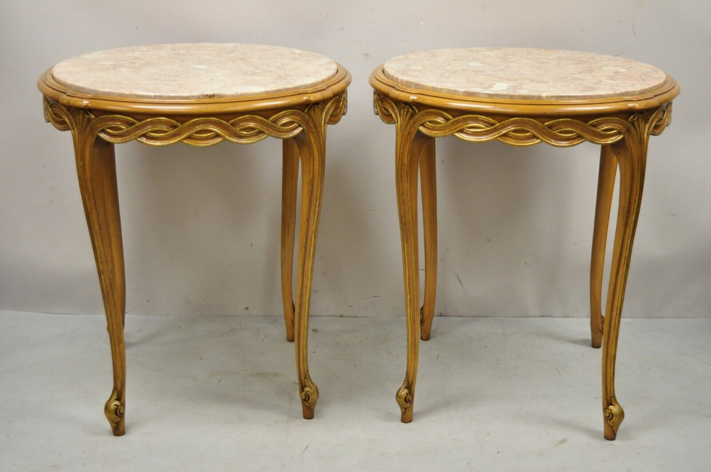 French Provincial Hollywood Regency Round Pink Marble Top Side Tables - a Pair