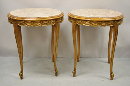 French Provincial Hollywood Regency Round Pink Marble Top Side Tables - a Pair