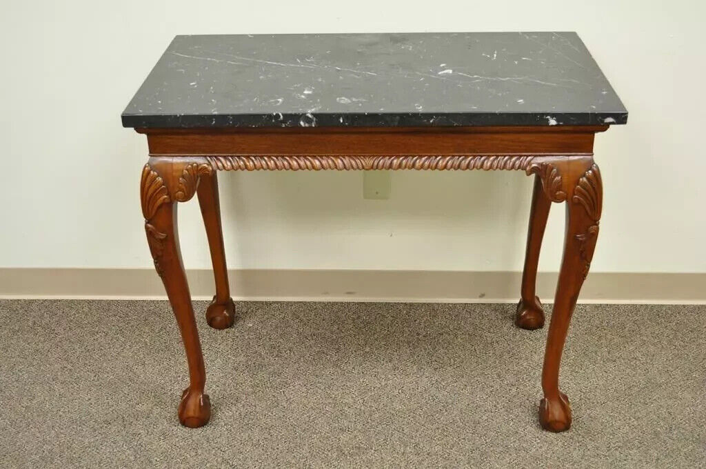 Vintage Carved Mahogany Chippendale Style Ball and Claw Marble Top Console Table