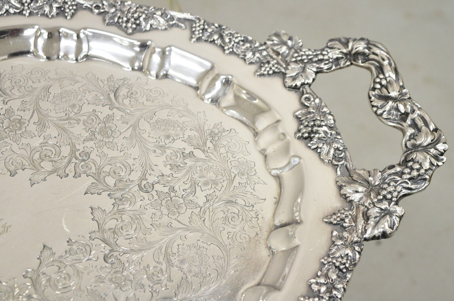 Antique English Victorian Silver Plated Ornate Grapevine Serving Platter Tray