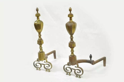 Antique American Federal Pointed Finial Brass Fireplace Andirons - a Pair