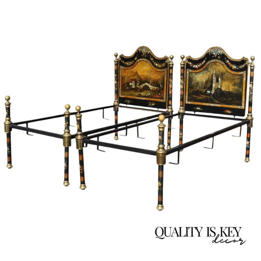 English Victorian Papier Mache Mother of Pearl Inlay Twin Bed Frames - a Pair