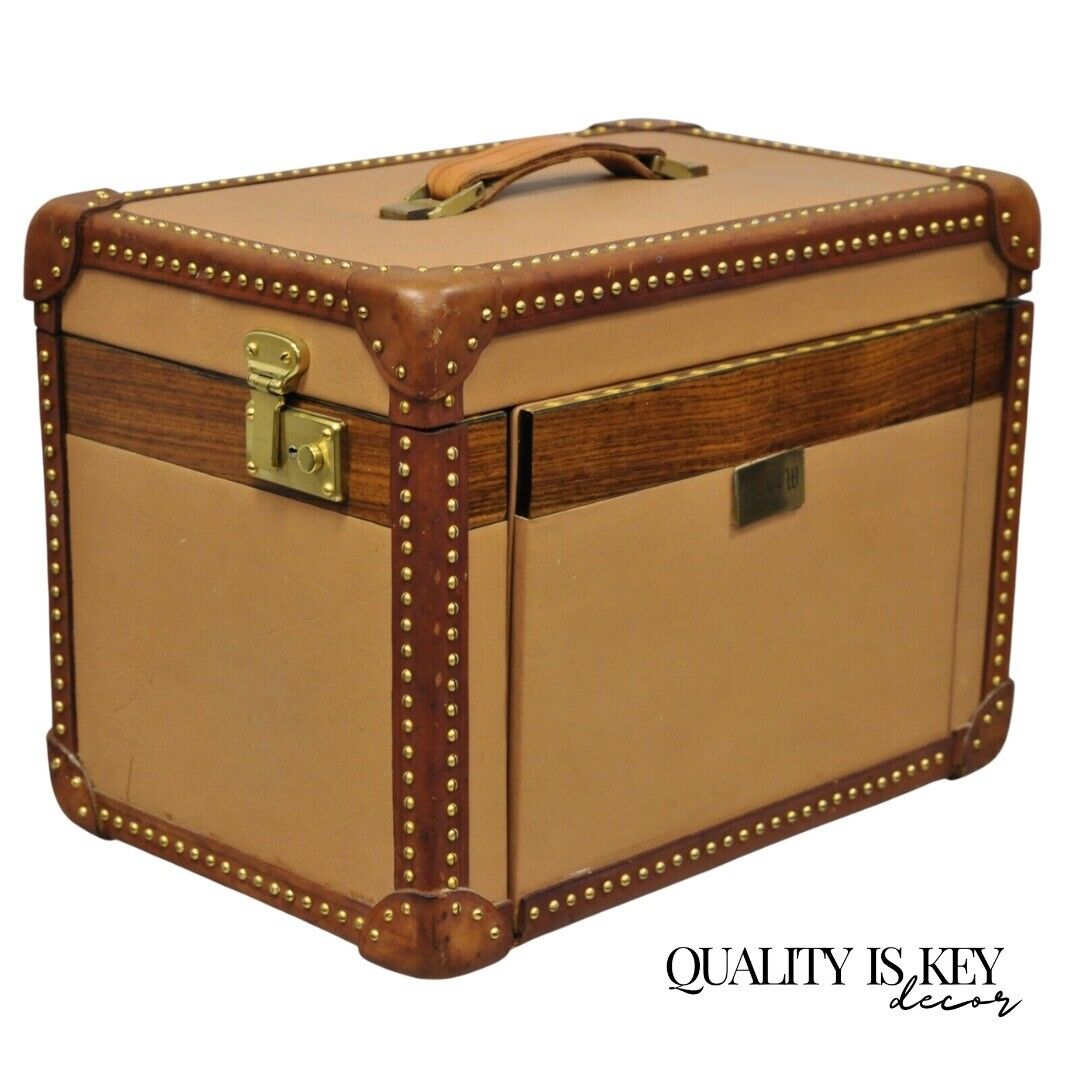 Custom Vintage Italian Leather Toiletry Box Case Travel Trunk Brass Nail Trim