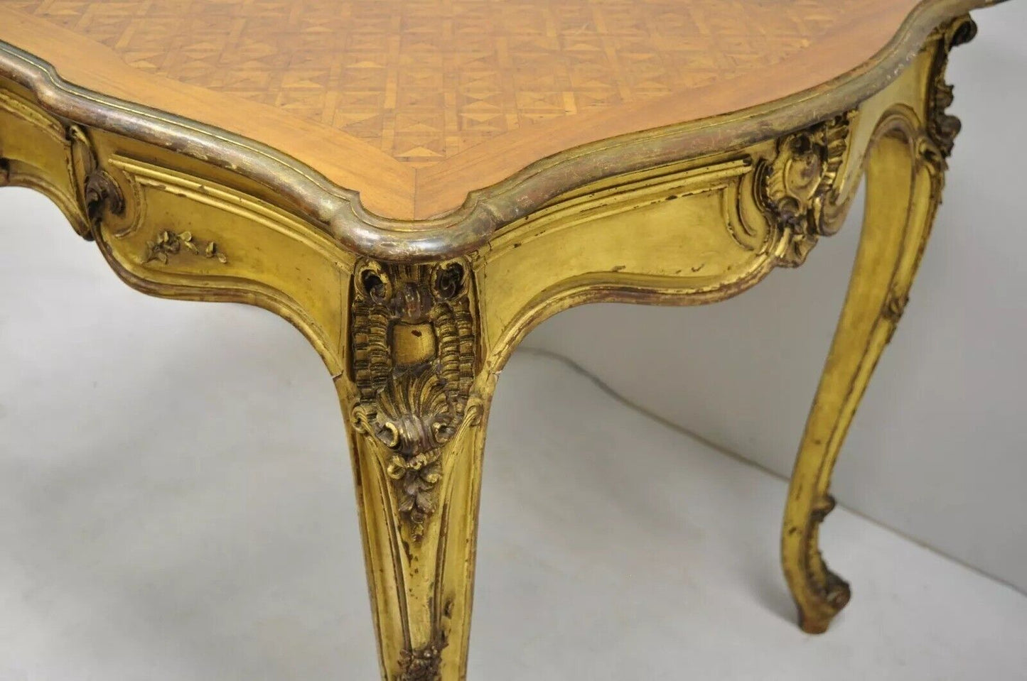 19th C. French Louis XV Style Gold Giltwood Writing Desk w/ Marquetry Inlay Top