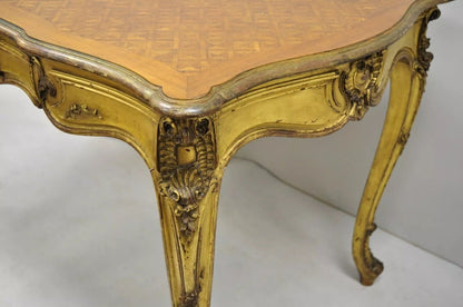 19th C. French Louis XV Style Gold Giltwood Writing Desk w/ Marquetry Inlay Top