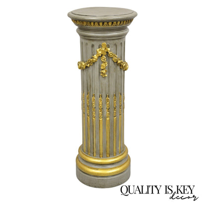 Italian Neoclassical French Empire Grey & Gold Painted Wooden Column Pedestal