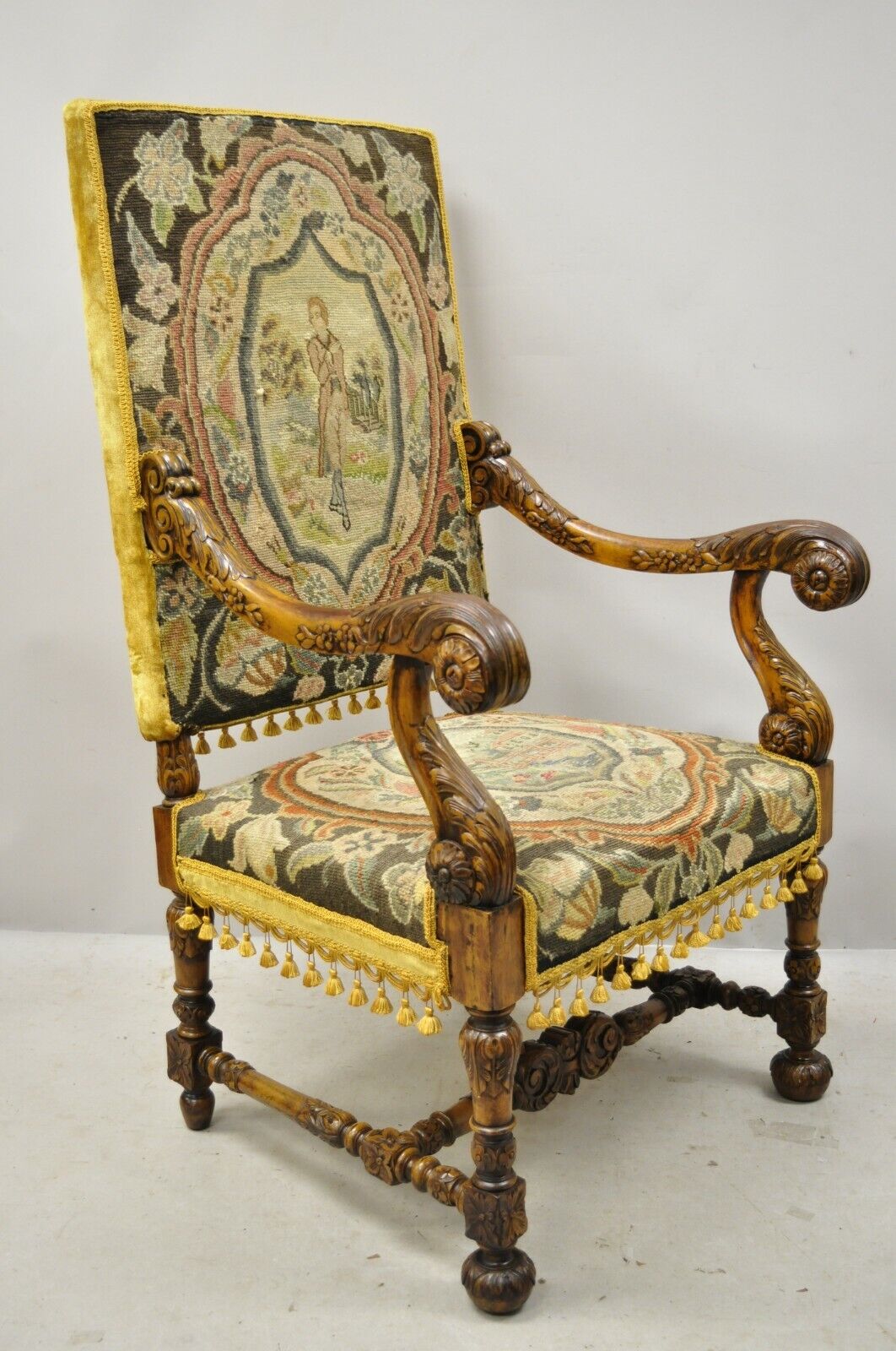 19th C Italian Renaissance Carved Walnut Figural Needlepoint Throne Arm Chair