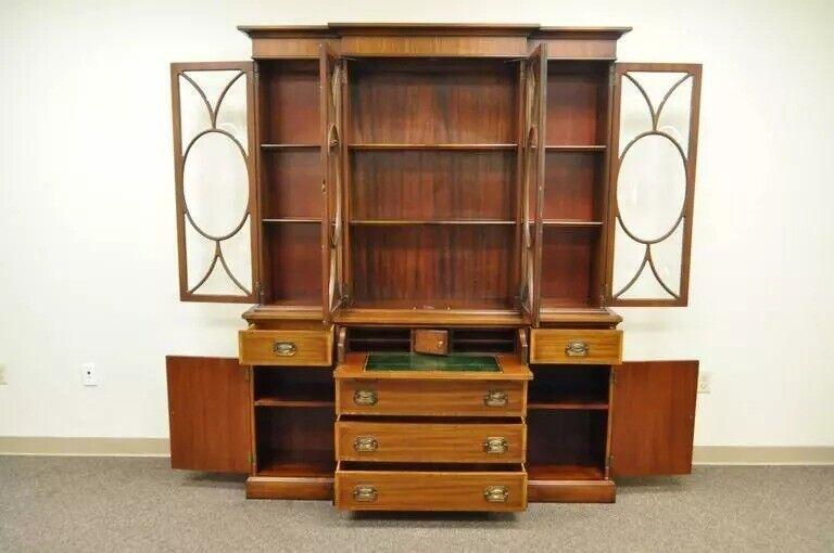 Georgian Style Mahogany Satinwood Inlay Breakfront Bookcase Bubble Glass Cabinet