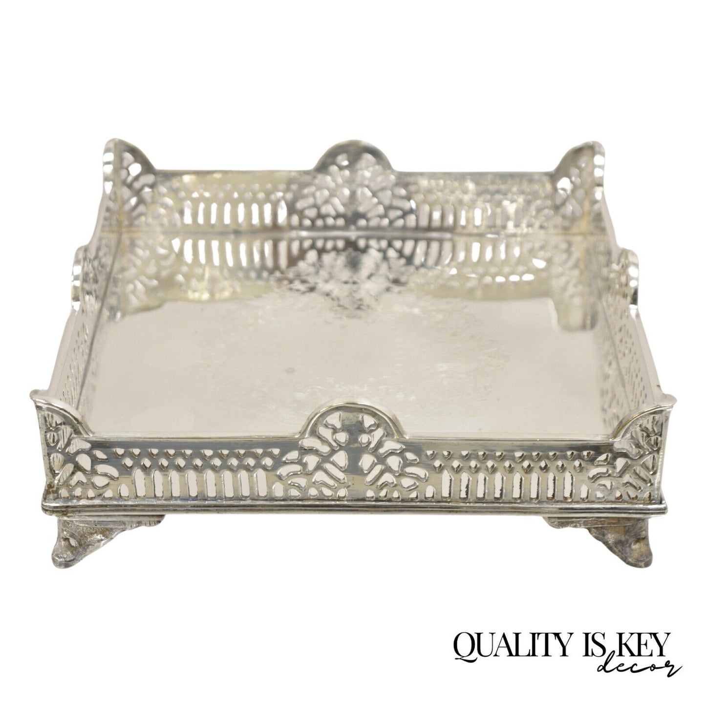 Vintage Victorian Style Silver Plated Raised Pierced Gallery Square Tray