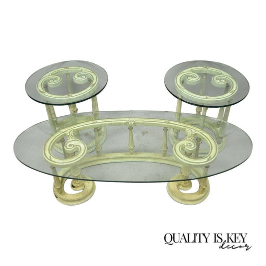 French Provincial Italian Scrollwork Wood Base Glass Top Coffee Table - 3 pc Set