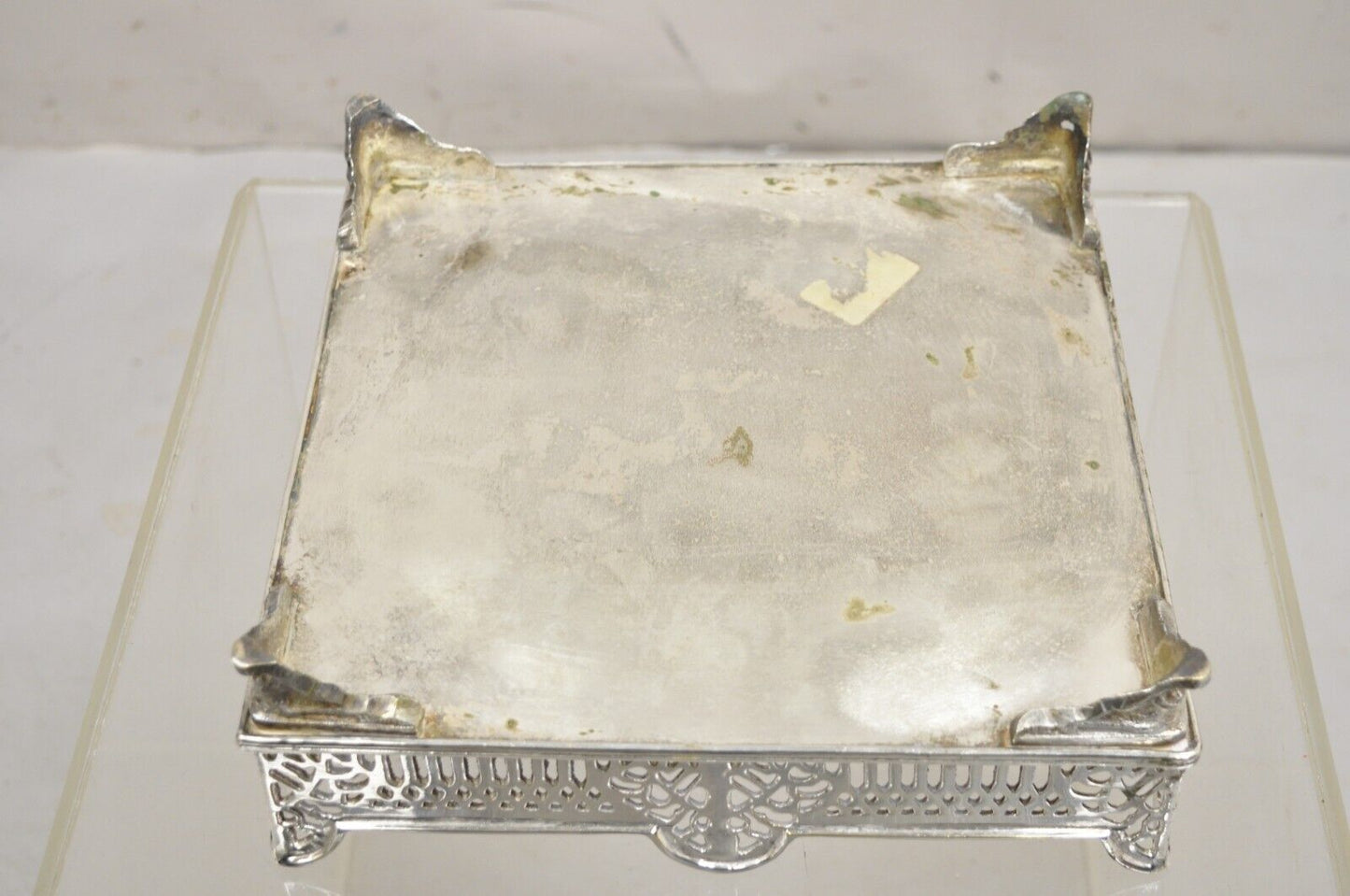 Vintage Victorian Style Silver Plated Raised Pierced Gallery Square Tray