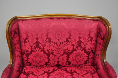 French Country Louis XV Style Mahogany Burgundy Wingback Settee Loveseat Sofa