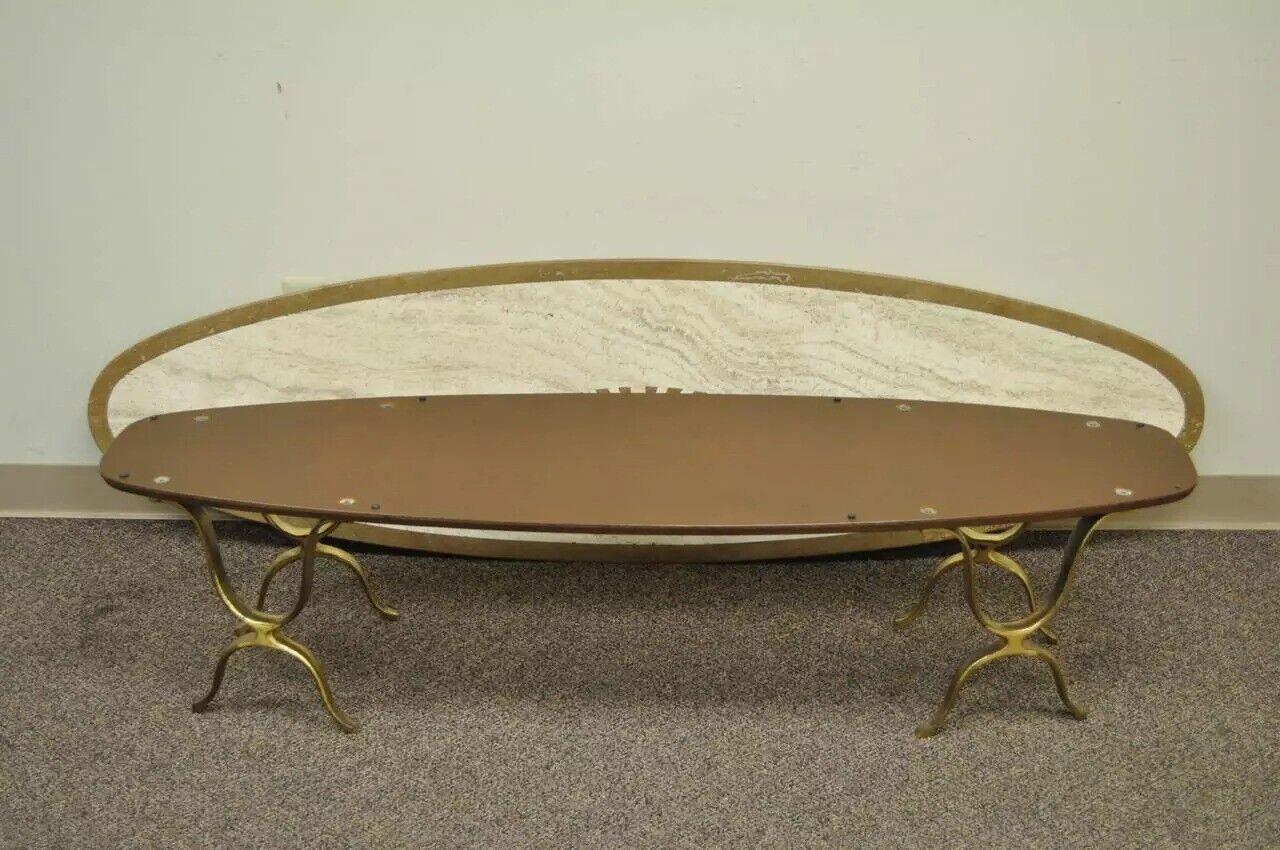 Italian Hollywood Regency Travertine & Brass Long Oval Surfboard Coffee Table