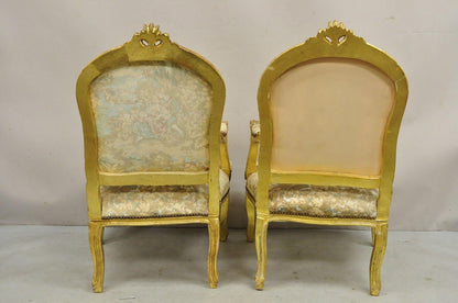 Vintage French Louis XV Style Gold Giltwood Tapestry Fabric Arm Chairs - a Pair