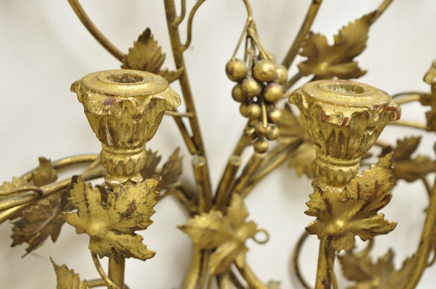 Vintage Italian Hollywood Regency Gold Iron Tole Leafy 3 Candelabra Wall Sconce