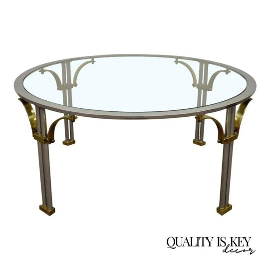 Vintage Regency Steel Brass Round Glass Coffee Table Maison Jansen Style