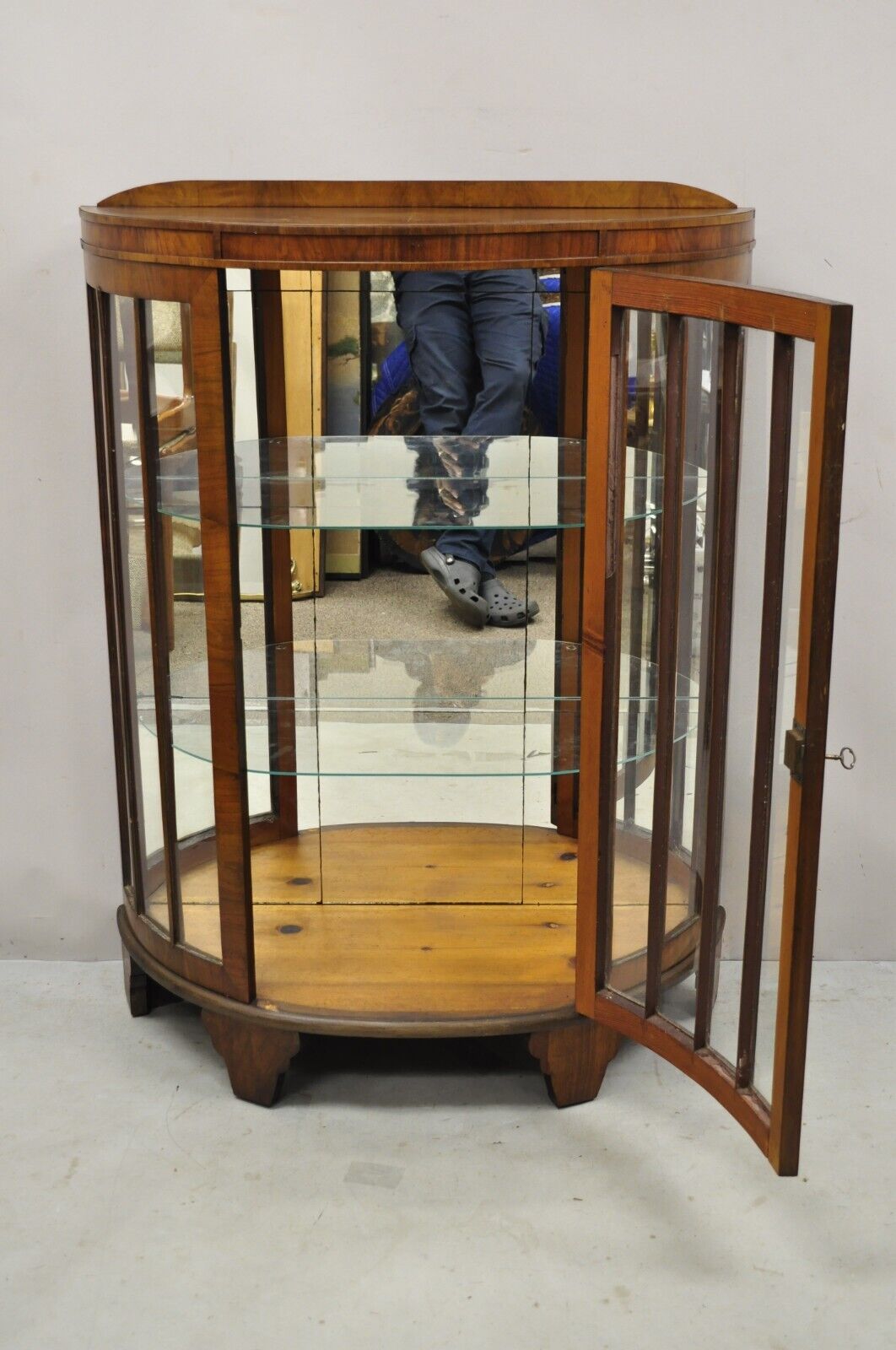 Antique Art Deco Small Half Round Demilune Walnut Curio Display Cabinet