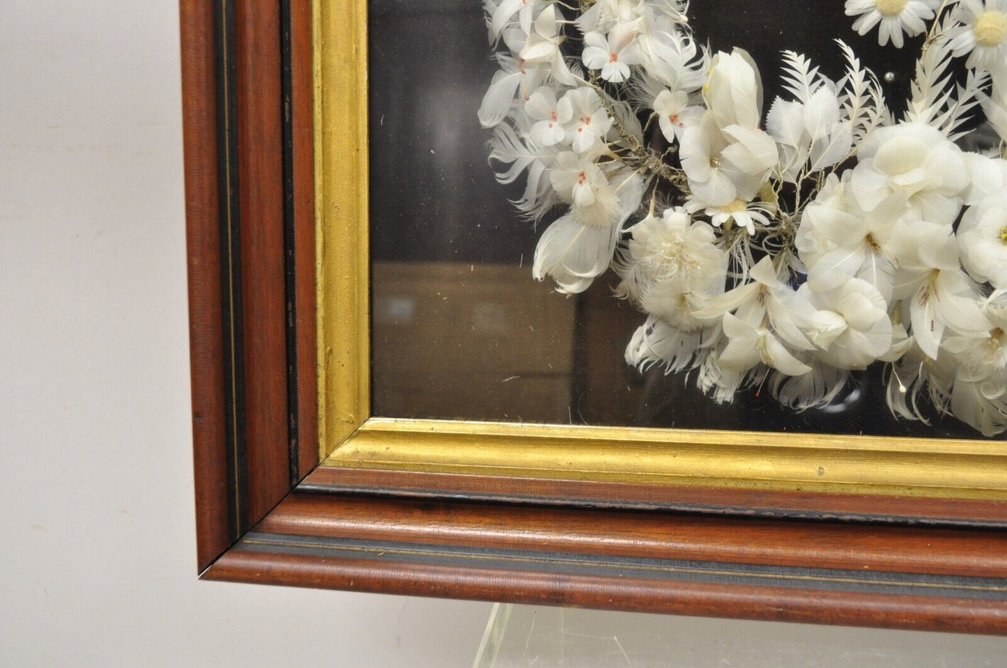 Antique Victorian White Feather Flower Mourning Wreath Mahogany Shadow Box Frame