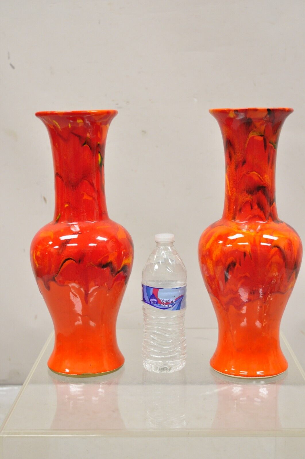 Pair Vintage Red Lava Drip Glazed Mid Century Modern Ceramic Pottery Vessel Vase