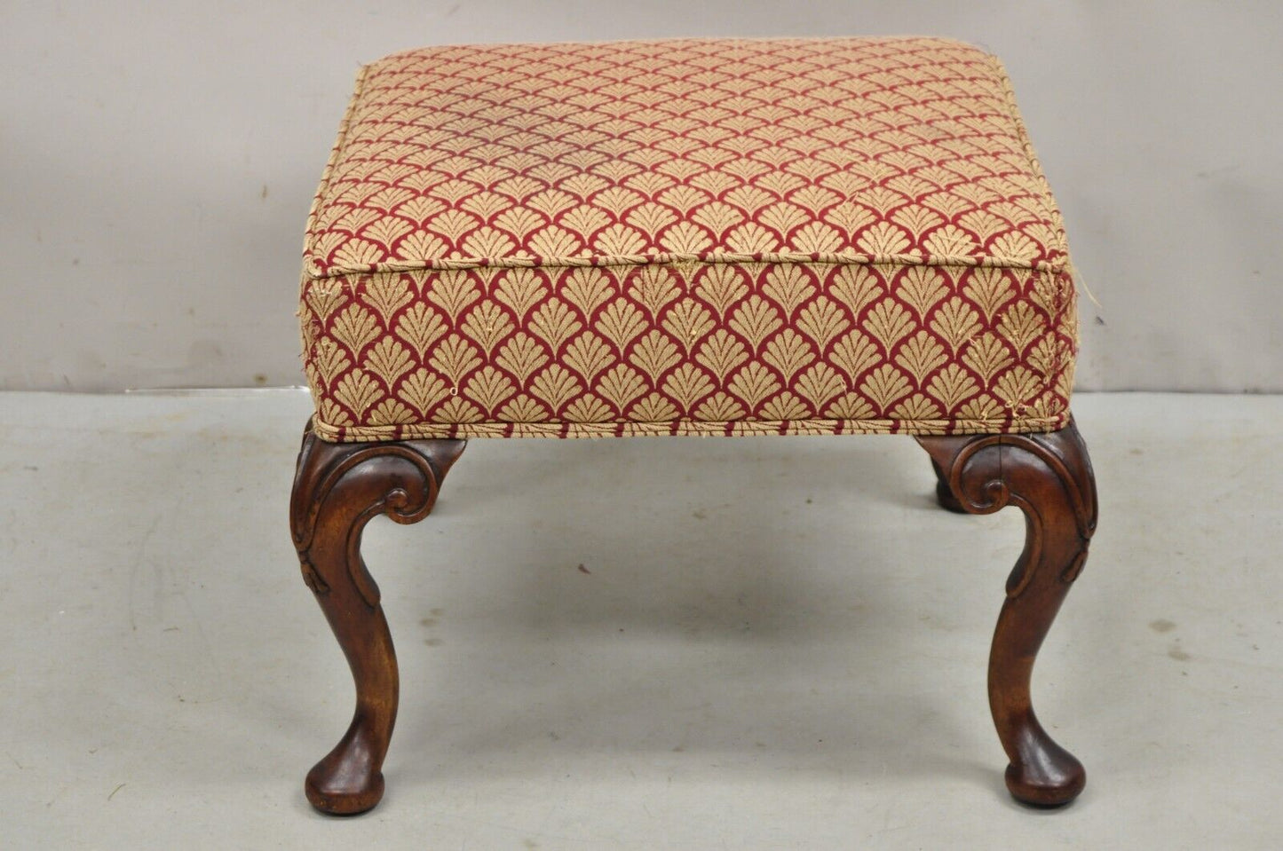 English Queen Anne Style Carved Walnut Square Upholstered Ottoman Footstool