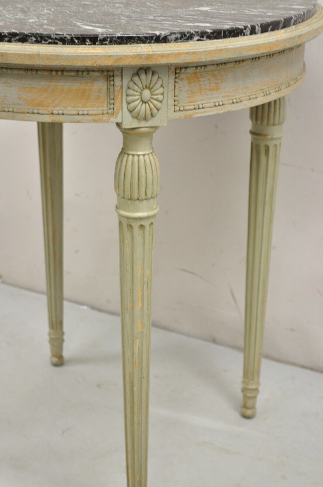 Antique French Louis XVI Style Green Distress Paint Round Marble Top Side Table