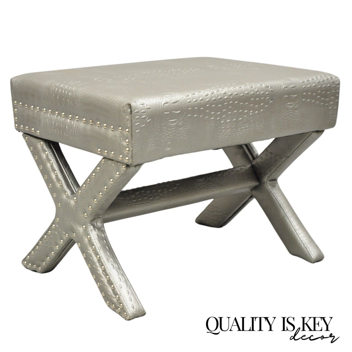 Decorator Hollywood Regency Faux Croc Silver X-Base Nailhead Trim Bench Stool