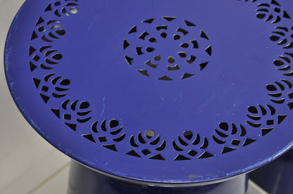 Modern Navy Blue Perforated Metal Garden Stool Side Table - a Pair