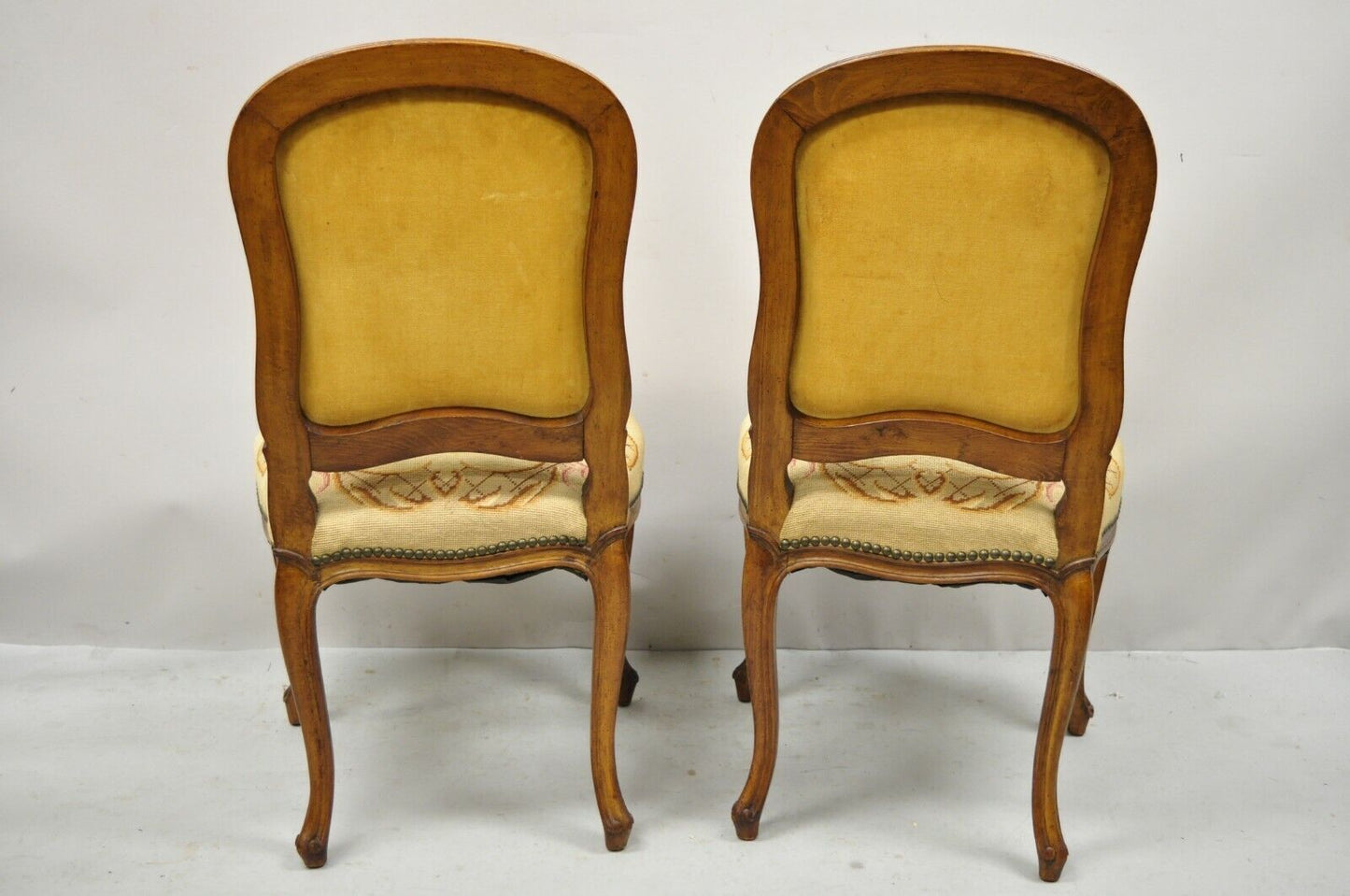 Antique French Provincial Louis XV Walnut Floral Needlepoint Side Chair - a Pair