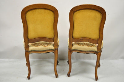 Antique French Provincial Louis XV Walnut Floral Needlepoint Side Chair - a Pair