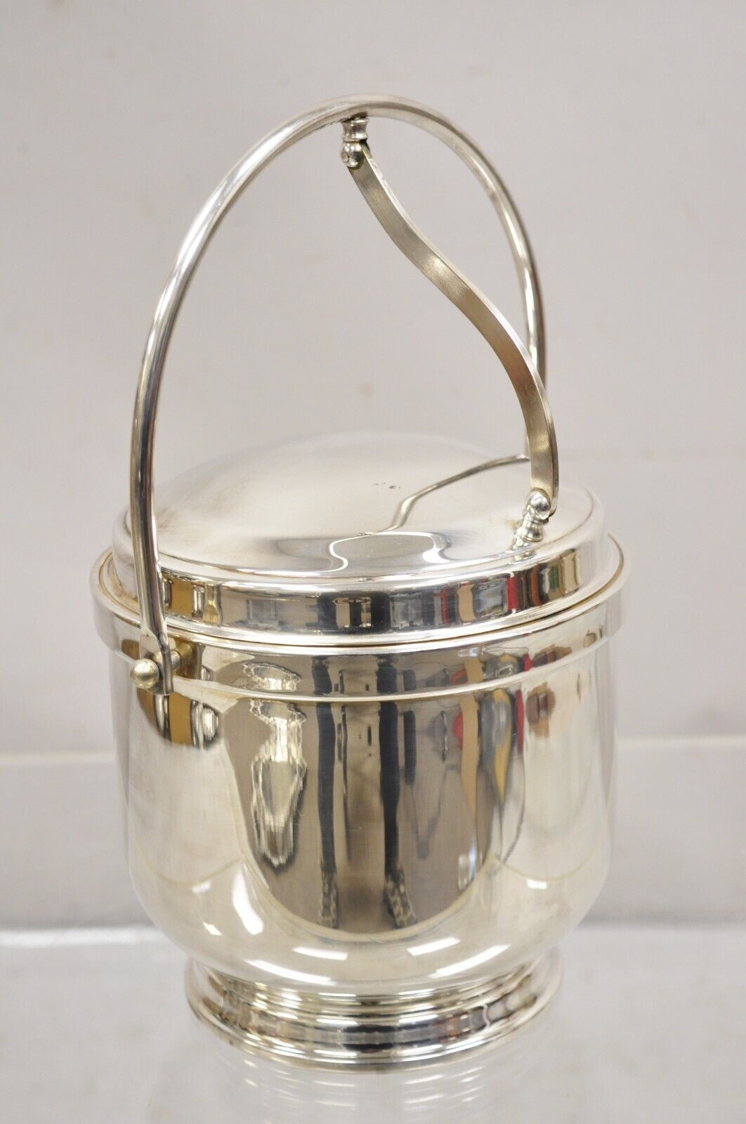 Vtg Wallace Mid Century Modern Silver Plated Hinged Lid Ice Bucket w glass liner