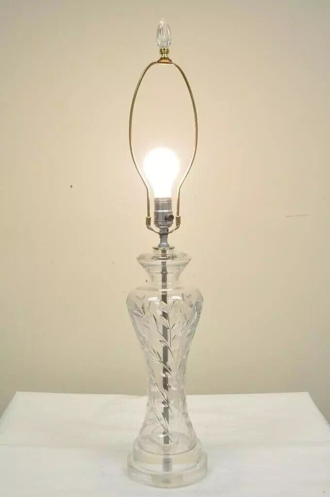 Vintage Waterford Crystal & Lucite Clear Etched Shaped Glass Table Lamp